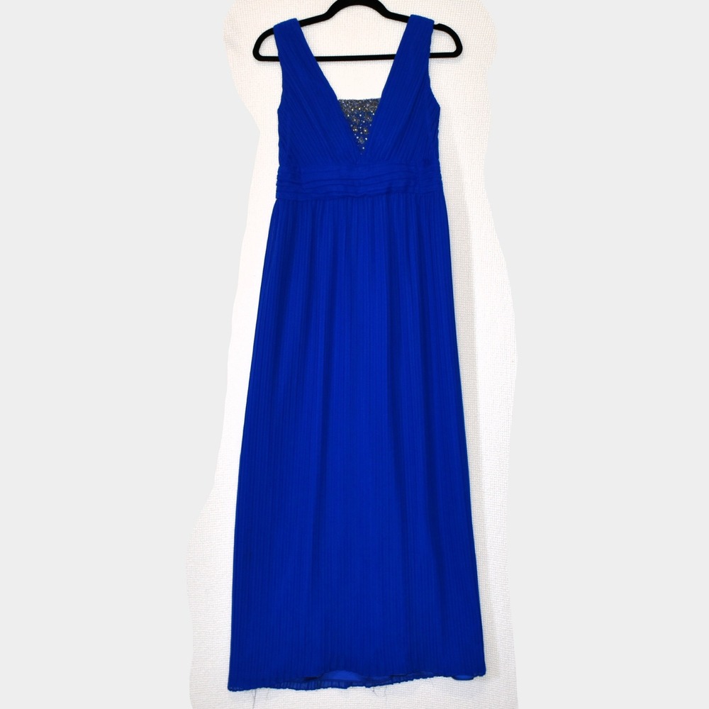 Badgley Mischka Collection Silk Gown Blue Sequin V-Neck Pleated Maxi Dress 10